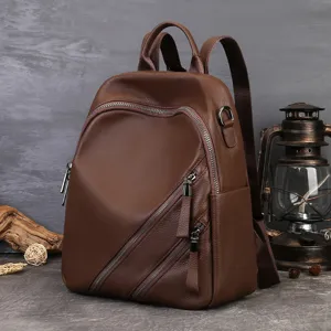 Sac à Dos en Cuir Véritable pour Femmes Vintage Casual Voyage Sac d'École Cuir de Vachette Avec Poches