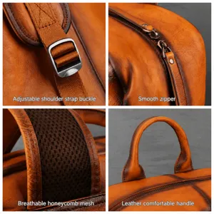 Vintage genuine leather backpack detail view showing adjustable strap and durable zipper.