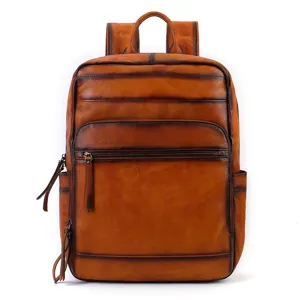 Vintage top grain cowhide leather backpack for men and women casual travel rucksack.