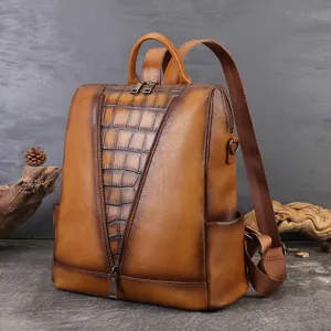 Womens Vintage Casual Leather Backpack Large Capacity Commuting School Bag Fashion Crocodile Pattern Shoulder Bag