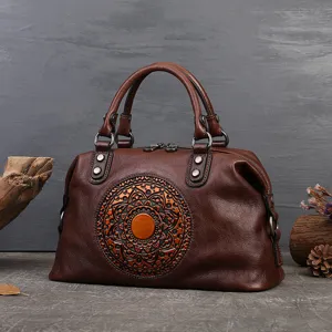 Women Tote Bag Vintage Embossed Totem Leather Handbag Large Capacity Commuter Shoulder Crossbody Dumpling Bag