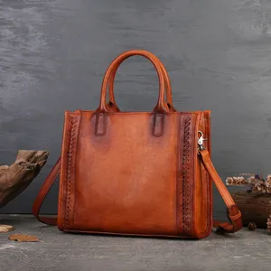 Genuine Leather Women Handbag Top Layer Cowhide Retro Casual Solid Color Shoulder Crossbody Bag Vintage Tote