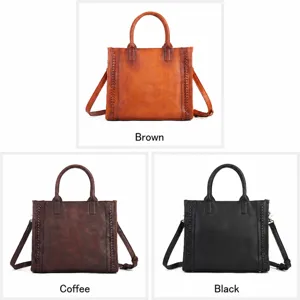 Vintage genuine leather tote bag for women with braided side details, stylish shoulder handbag.