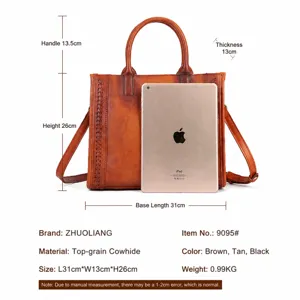 Classic vintage cowhide leather handbag tote shoulder bag for women, stylish brown casual design.