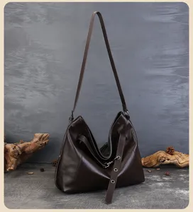Dark brown leather hobo shoulder tote bag, large capacity commuting casual crossbody purse.