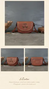 Vintage genuine leather saddle bag for women, retro handmade rivet crossbody handbag with gemstones.