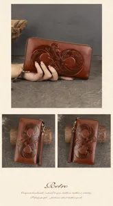 Genuine leather retro embossed long wallet for women with multiple card slots and secure zipper.