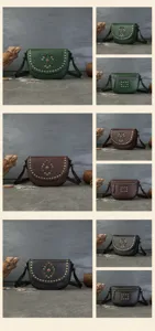 Genuine leather vintage saddle bag with metal rivets and gemstone for daily women use