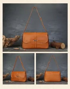 Vintage genuine leather crossbody bag for women, retro brown shoulder bag with metal closure.