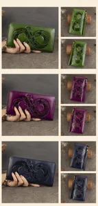Vintage embossed long leather wallet detail view showing multiple color options and slots.