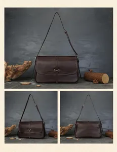 Detail view of vintage brown leather messenger bag, showcasing premium texture and large capacity.