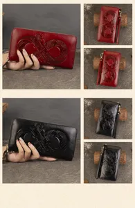 Detailed view of genuine cowhide long wallet featuring vintage embossed floral patterns and slots.