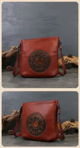 Vintage embossed genuine leather women shoulder bag retro mandala pattern top layer cowhide