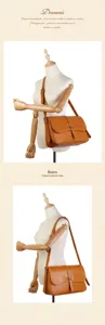 Vintage genuine leather messenger bag for women, large capacity casual shoulder bag retro style.