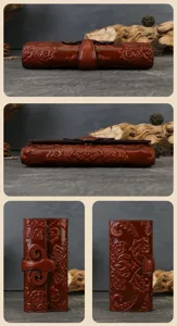 Vue détaillée du portefeuille long en cuir véritable avec motif floral gaufré et fentes.