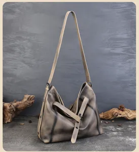 Vintage Gradient Cowhide Hobo Bag Large Capacity Casual Shoulder Crossbody Bag Detail