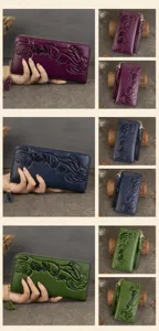Monedero largo de cuero genuino para mujer con patrón floral en relieve gran capacidad