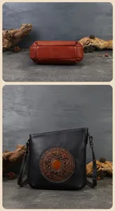 Retro genuine leather shoulder bag for women, vintage totem embossed underarm bag details.