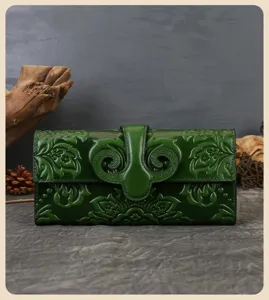 Portefeuille long vintage en cuir véritable pour femme, pochette verte foncée avec fentes à cartes.