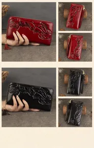 Cartera larga de mujer de cuero genuino vintage grabado floral tarjetero cremallera rojo