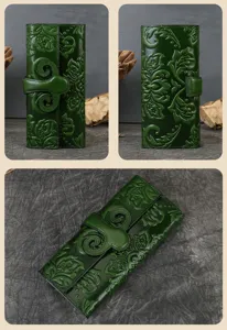 Vue détaillée du long portefeuille en cuir véritable de vachette avec motif gaufré.