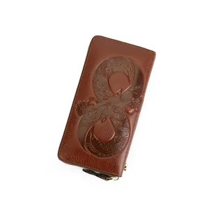 Genuine leather long wallet for women, vintage embossed clutch purse with card slots brown.