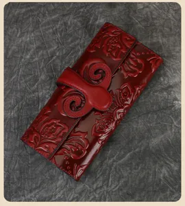 Portefeuille long femme cuir véritable gaufrage vintage floral porte-cartes pochette détail