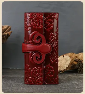 Portefeuille long en cuir véritable femme gaufrage vintage porte-cartes style chinois pochette