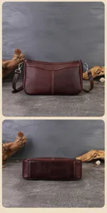 Vintage genuine leather shoulder bag detail, retro brown baguette purse with exquisite stitching.