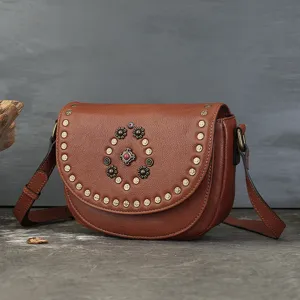 Women Genuine Top Layer Cowhide Leather Saddle Bag Vintage Rivet Gemstone Crossbody Bag Retro Shoulder Bag Daily Purse