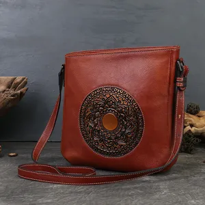 Vintage genuine leather shoulder bag for women with embossed mandala design, stylish crossbody bag.