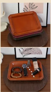 Vue détaillée du plateau de rangement en cuir vintage, coutures exquises, idéal pour bureau.