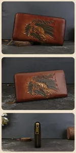 Dettaglio portafoglio lungo in pelle vintage, motivo cavallo goffrato, scomparti carte, zip liscia.