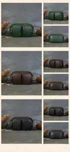 Detailed view of the vintage vegetable-tanned leather camera shoulder bag features.