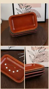 Plateau de rangement en cuir vintage, vide-poches en cuir de vachette ciré pour bureau.
