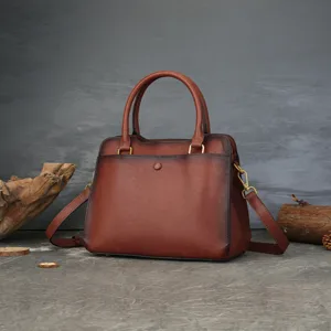 Sac à Main Femme en Cuir Véritable Vintage Grande Capacité Tote Bag Casual Trajet Poignée Supérieure Sac Bandoulière Design Rétro