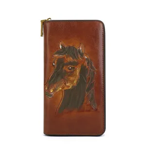 Portafoglio lungo in pelle vintage da donna, design cavallo goffrato, grande capacità pochette zip.