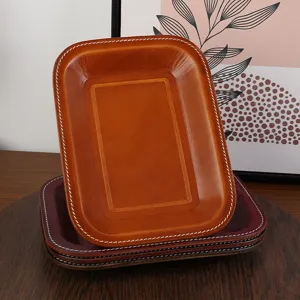 Plateau Vide-poches en Cuir Vintage Cuir Ciré Organisateur de Bureau pour Bijoux Montres Clés Pièces