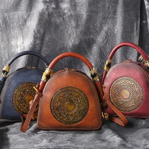 Genuine Leather Women Handbag Vintage Shell Bag Chinese Style Mandala Embossed Bamboo Handle Crossbody Shoulder Bag