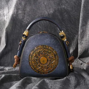 Vintage genuine leather women handbag, dome shoulder crossbody bag with retro mandala.