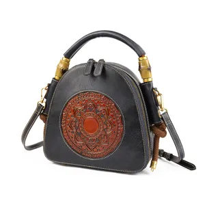 Genuine leather retro women handbag vintage shoulder messenger shell bag with embossed mandala.