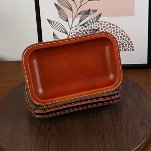 Ensemble de plateau vide-poche en cuir retro, organisateur de bureau en cuir de vache vintage.