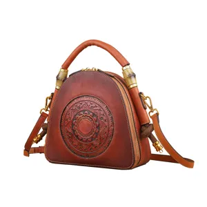 Vintage Genuine Leather Handbag Women Shoulder Crossbody Shell Bag Embossed Boho Top-Handle Purse