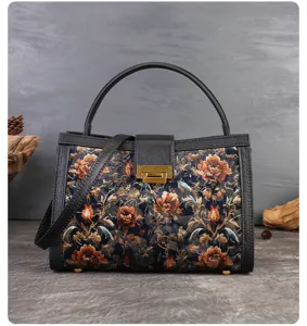 Retro embroidered top handle handbag, vintage casual shoulder crossbody bag for women detail.