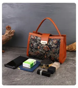 Vintage embroidered handbag with floral jacquard, elegant top handle retro tote bag for women.