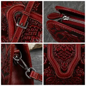Retro embossed leather handbag detail view featuring adjustable strap and smooth zipper.
