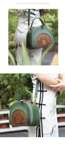 Retro genuine leather handbag detail, ethnic embossed dome crossbody bag with rivet accents.