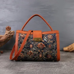 Vintage Embroidered Handbag Women Top Handle Bag Brocade And Top Layer Cowhide Leather Crossbody Bag Fashion Tote Bag