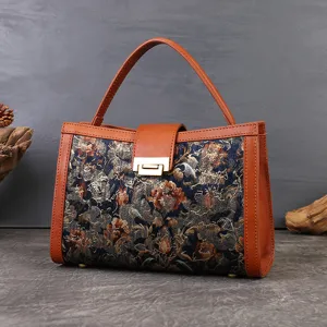 Vintage embroidered handbag with brown leather trim and top handle for women daily fashion