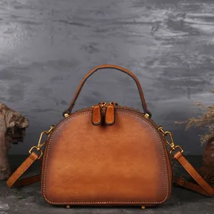 Vintage genuine leather handbag for women top handle retro crossbody shoulder bag brown